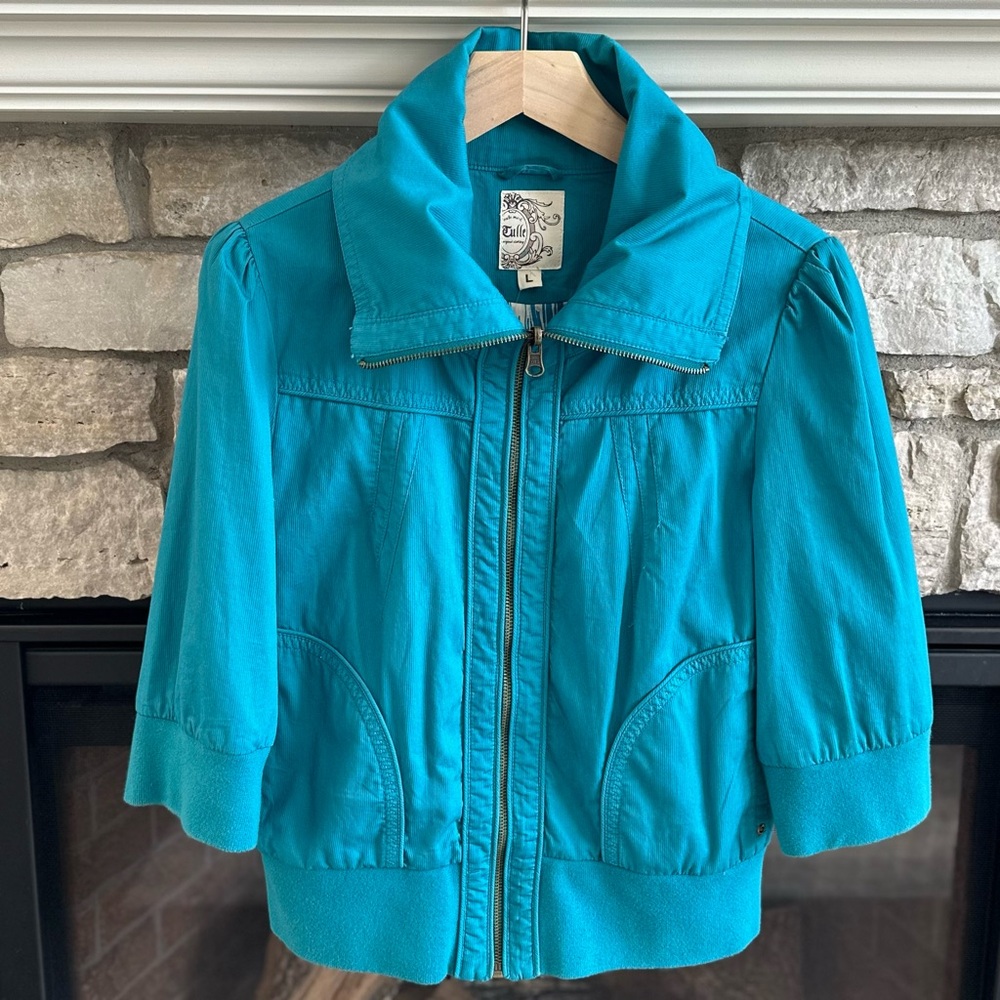 ✨NWT✨ Tulle Corduroy zip up jacket with large collar 3/4 length sleeves size L - Picture 2 of 14
